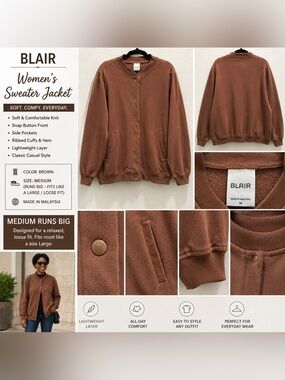Blair Rust Brown Snap-Front Sweatshirt Jacket